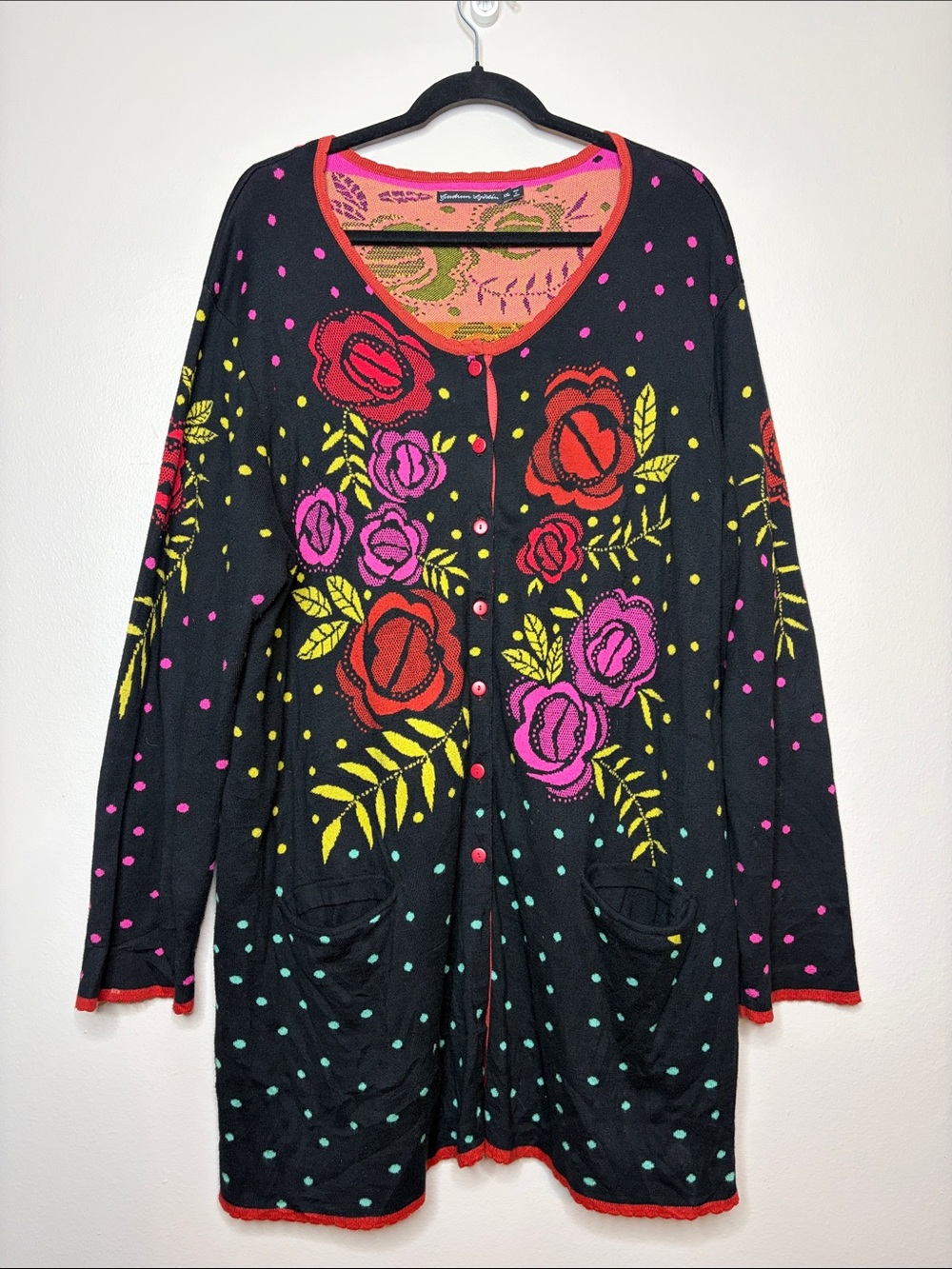Gudrun Sjödén Black Floral Rose Polka Dot Cardigan Knit Sweater XXL